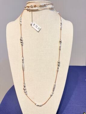 Vintage NOS 60” Silver Tone Bead Cord Necklace